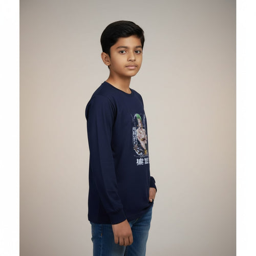 Boys Navy Blue Anime Printed T-Shirt – Full Sleeve Graphic Tee