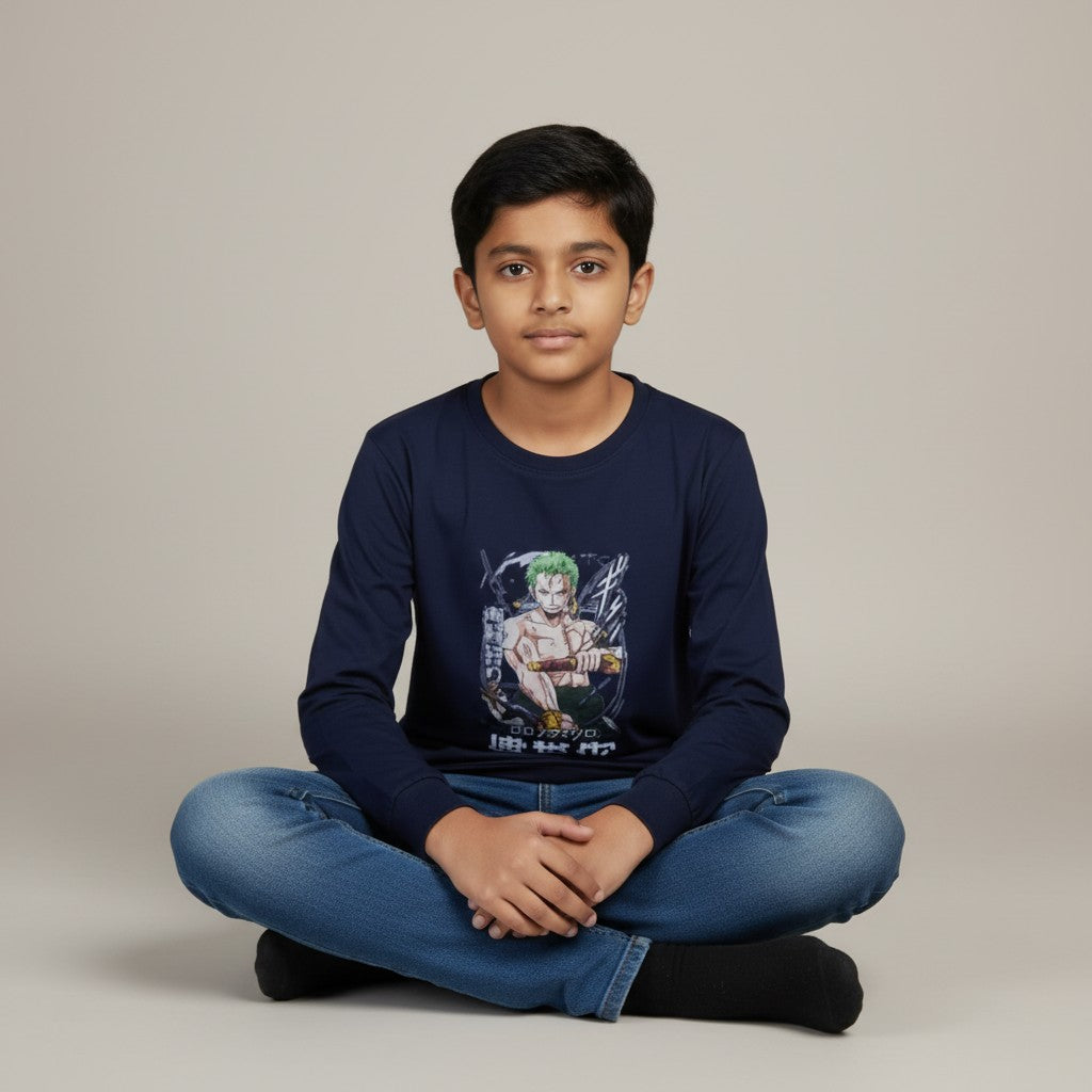 Boys Navy Blue Anime Printed T-Shirt – Full Sleeve Graphic Tee