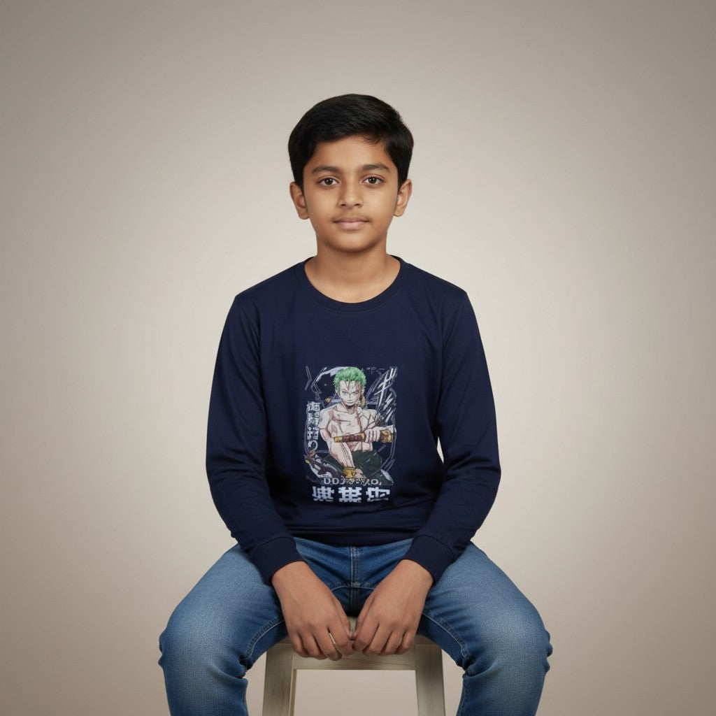 Boys Navy Blue Anime Printed T-Shirt – Full Sleeve Graphic Tee