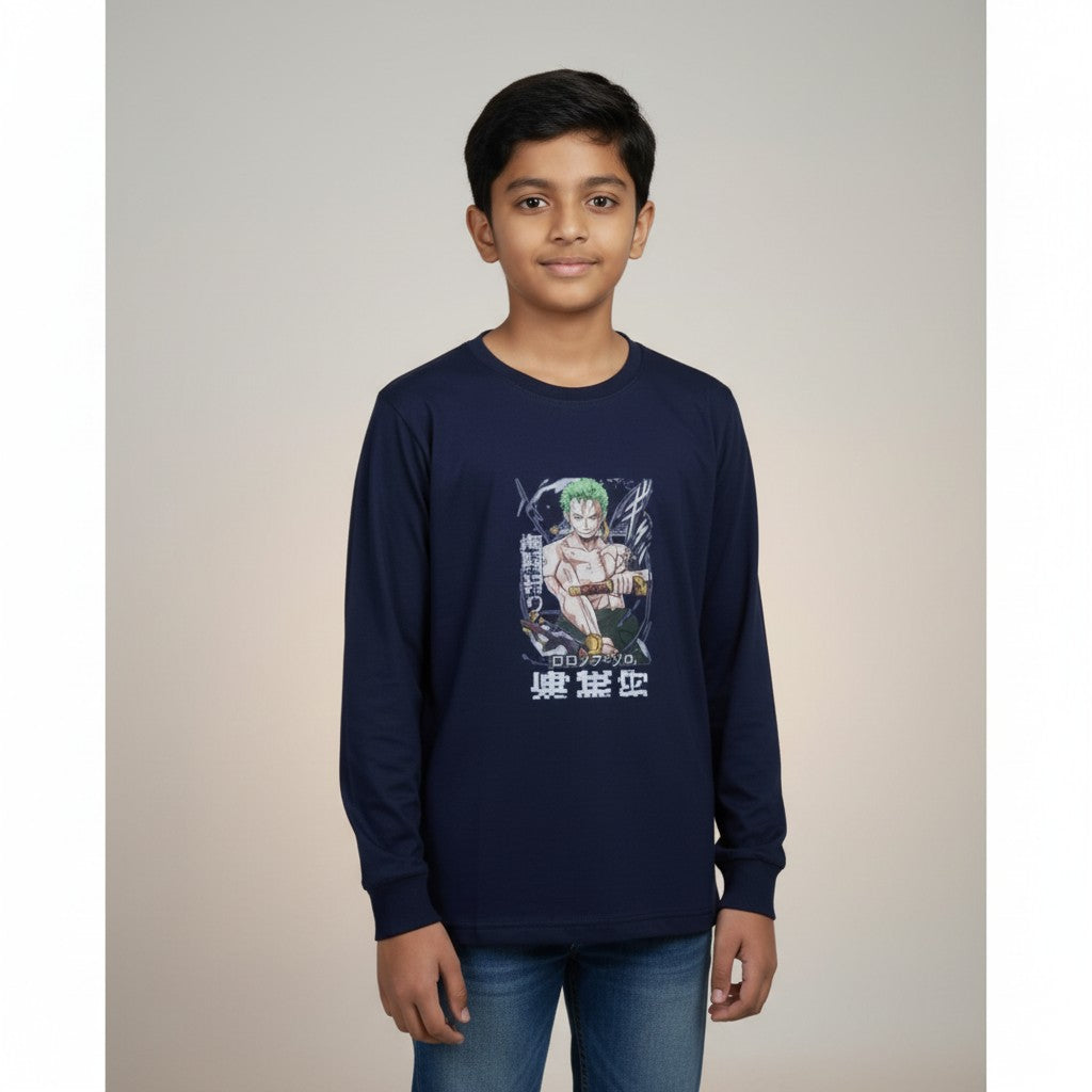 Boys Navy Blue Anime Printed T-Shirt – Full Sleeve Graphic Tee