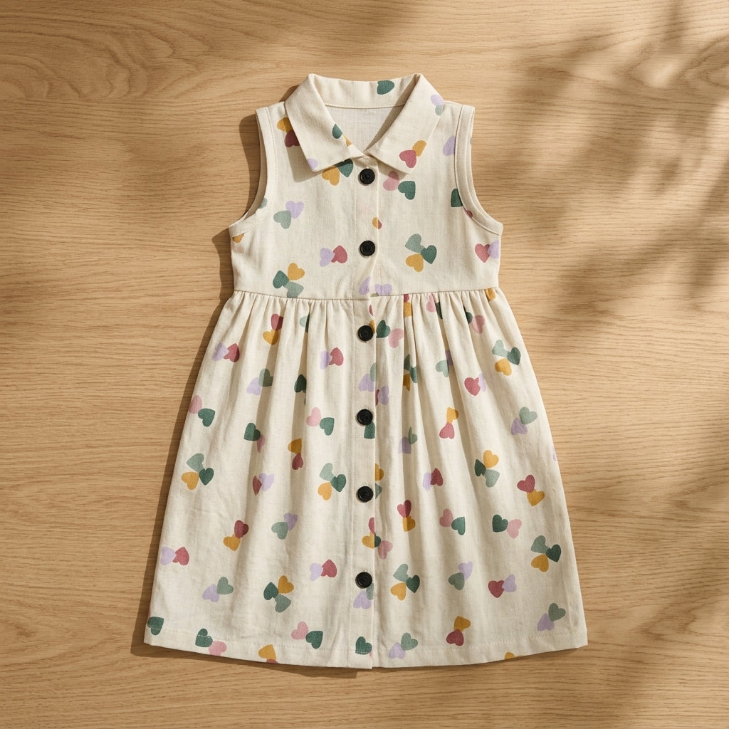 Girls Cream Heart Print Dress – 100% Cotton | Cute Multicolor Design