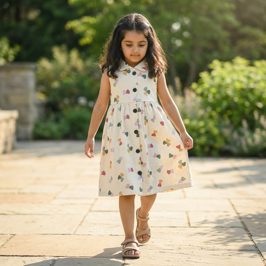 Girls Cream Heart Print Dress – 100% Cotton | Cute Multicolor Design