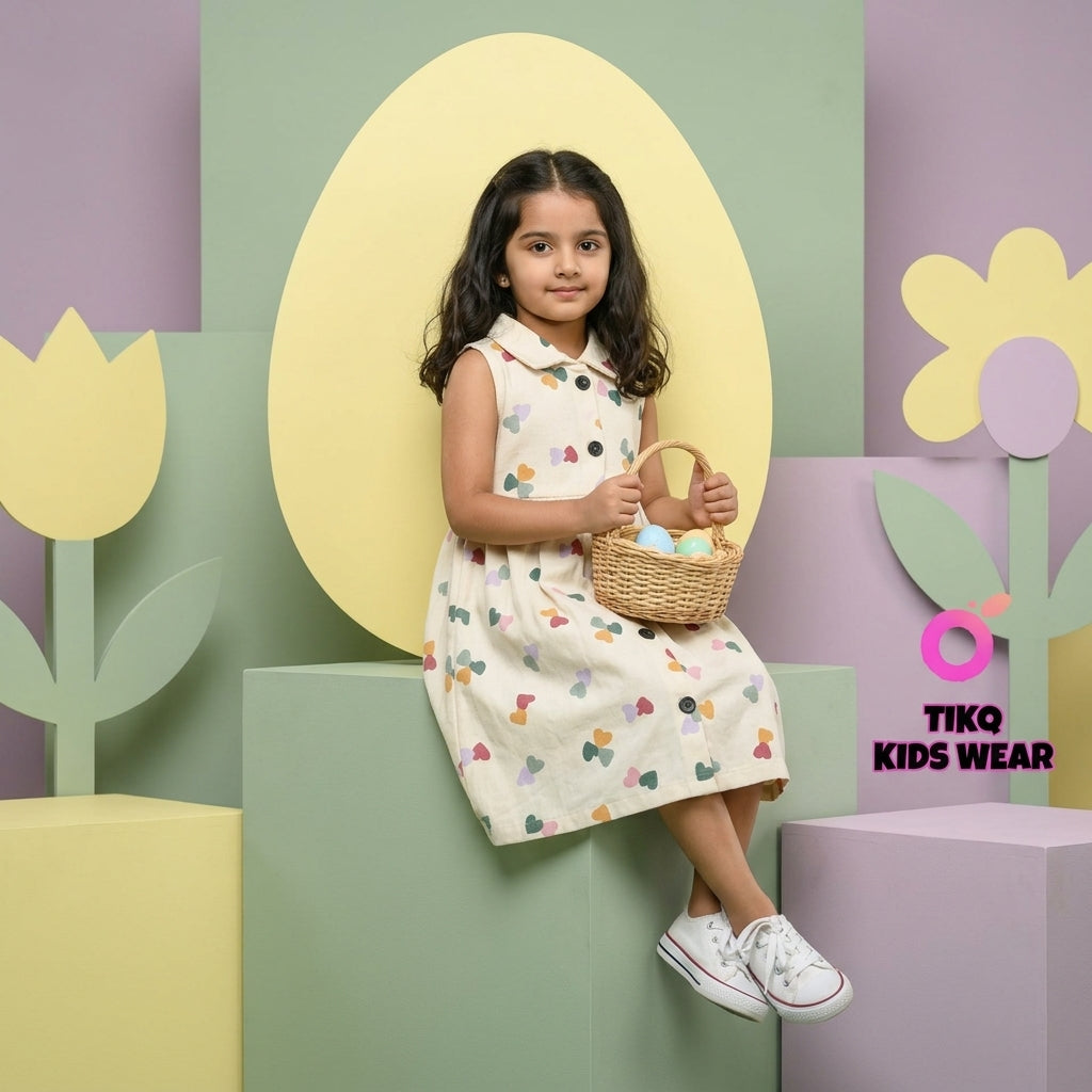 Girls Cream Heart Print Dress – 100% Cotton | Cute Multicolor Design