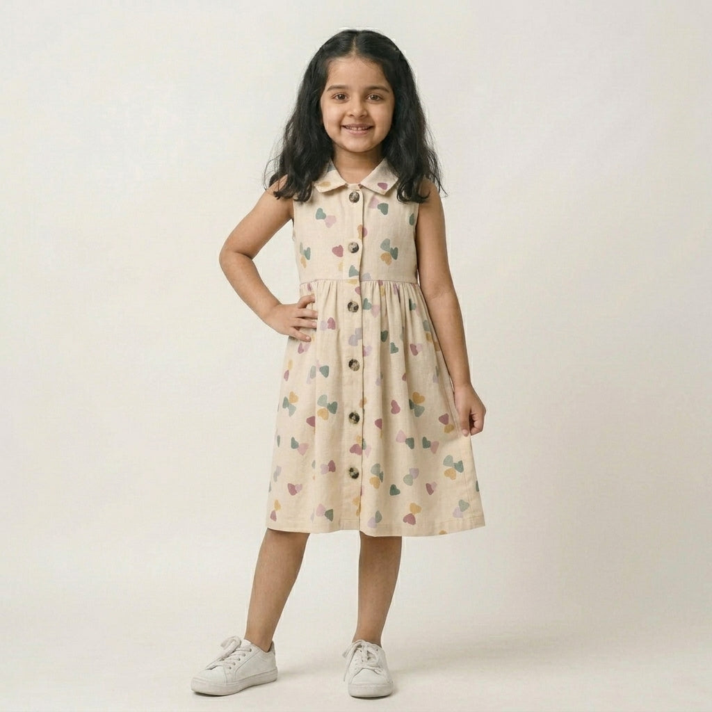 Girls Cream Heart Print Dress – 100% Cotton | Cute Multicolor Design
