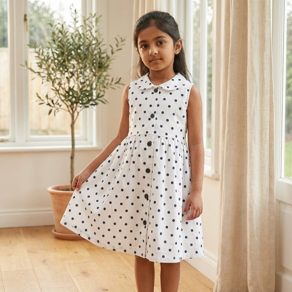 Girls White Polka Dot Dress – 100% Cotton