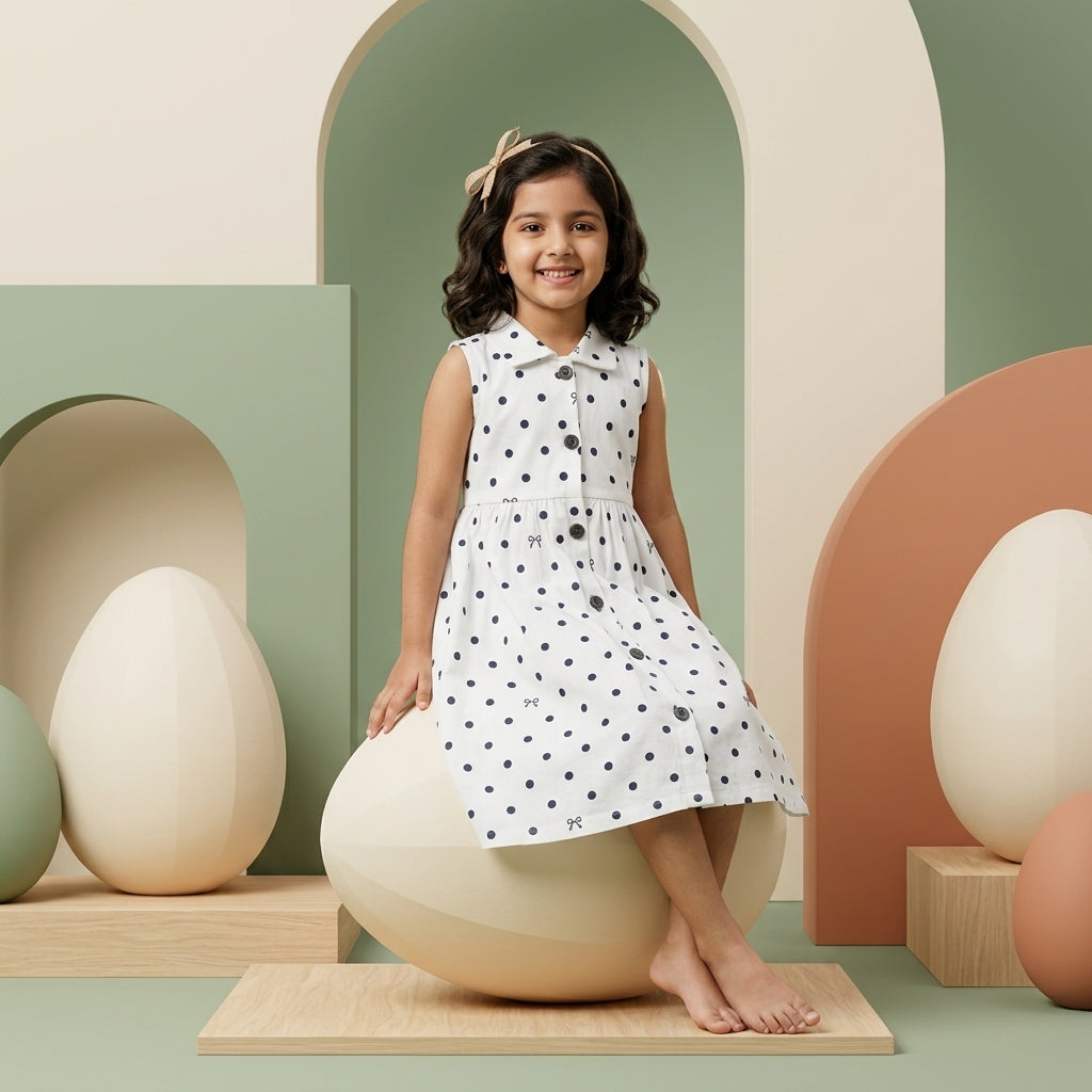 Girls White Polka Dot Dress – 100% Cotton