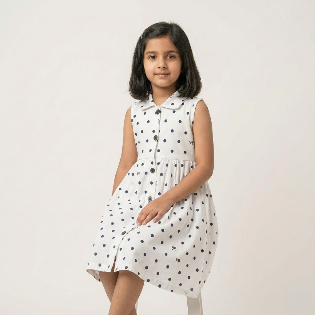 Girls White Polka Dot Dress – 100% Cotton
