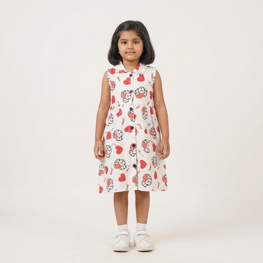 Girls White Heart Print Dress – 100% Cotton | Cute Cartoon Design