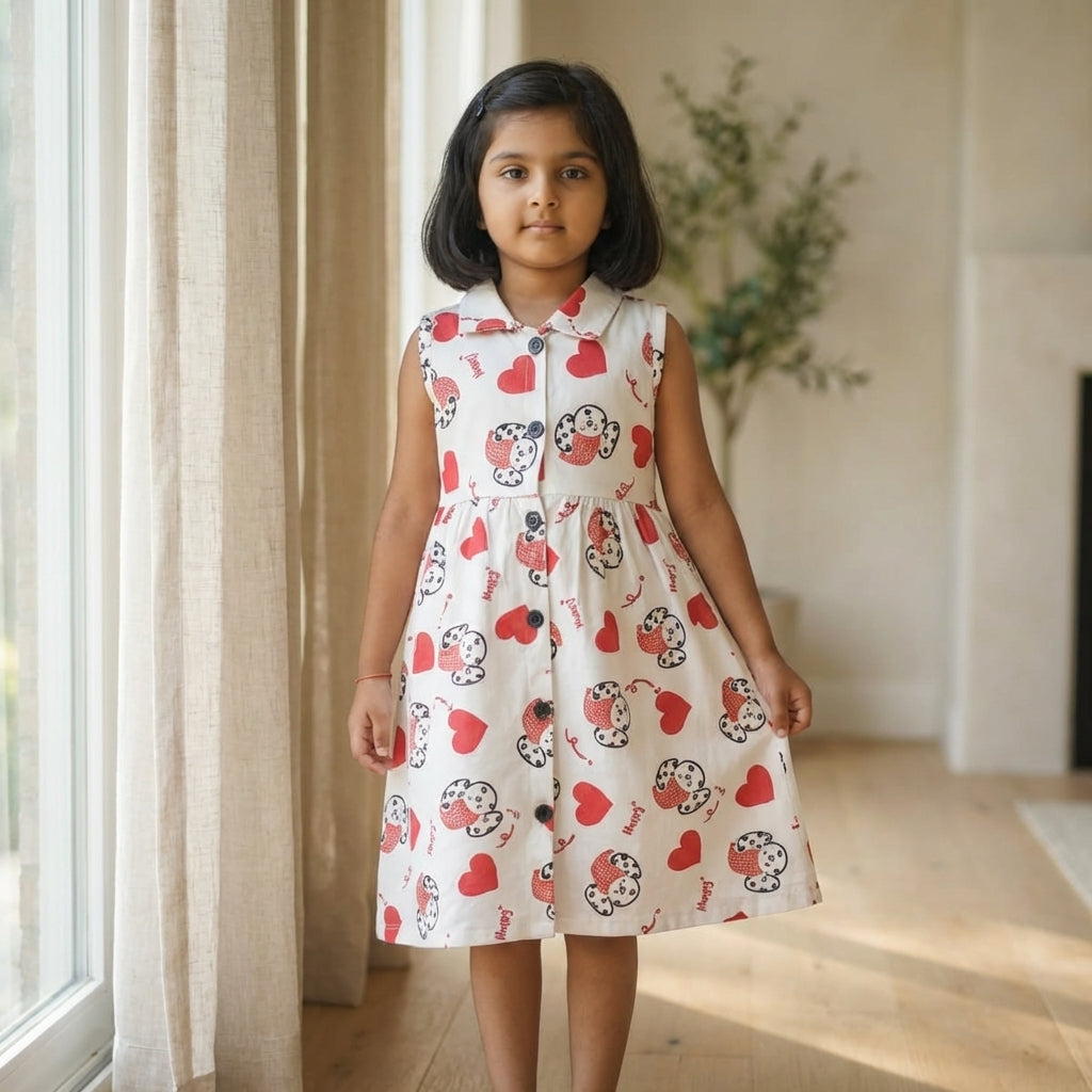 Girls White Heart Print Dress – 100% Cotton | Cute Cartoon Design