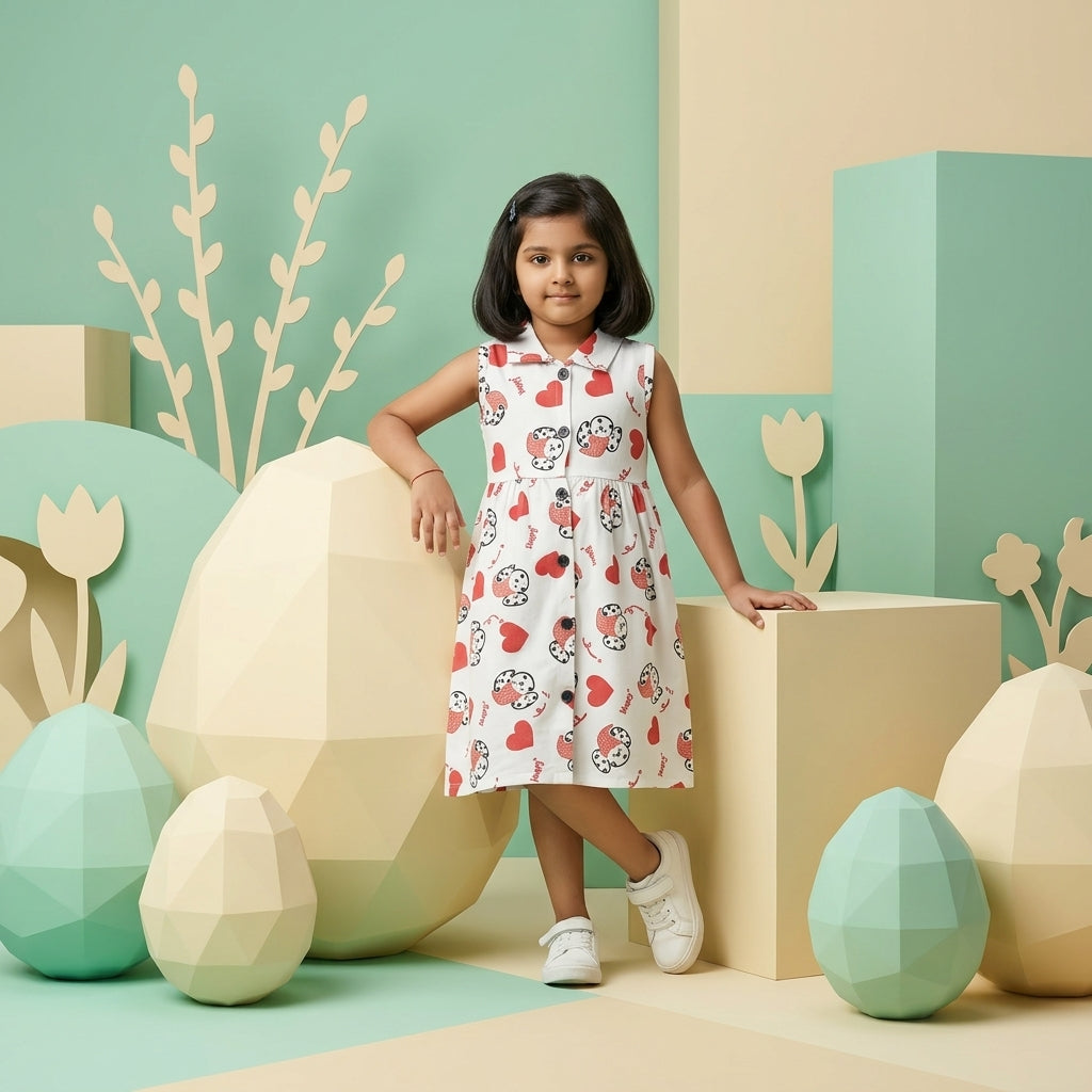Girls White Heart Print Dress – 100% Cotton | Cute Cartoon Design