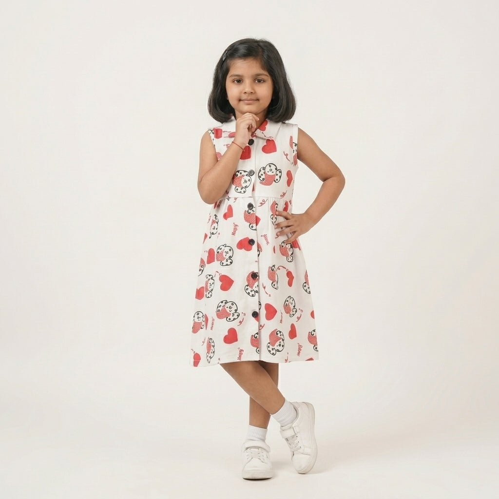 Girls White Heart Print Dress – 100% Cotton | Cute Cartoon Design