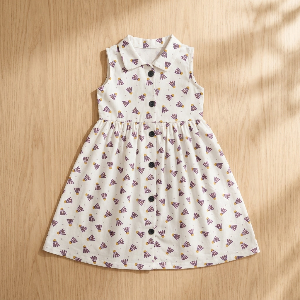 Girls White Printed Dress – 100% Cotton | Cute Pattern Design