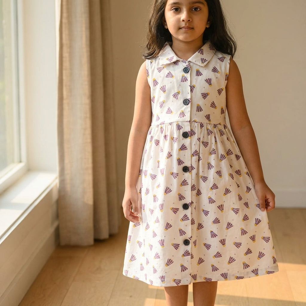 Girls White Printed Dress – 100% Cotton | Cute Pattern Design