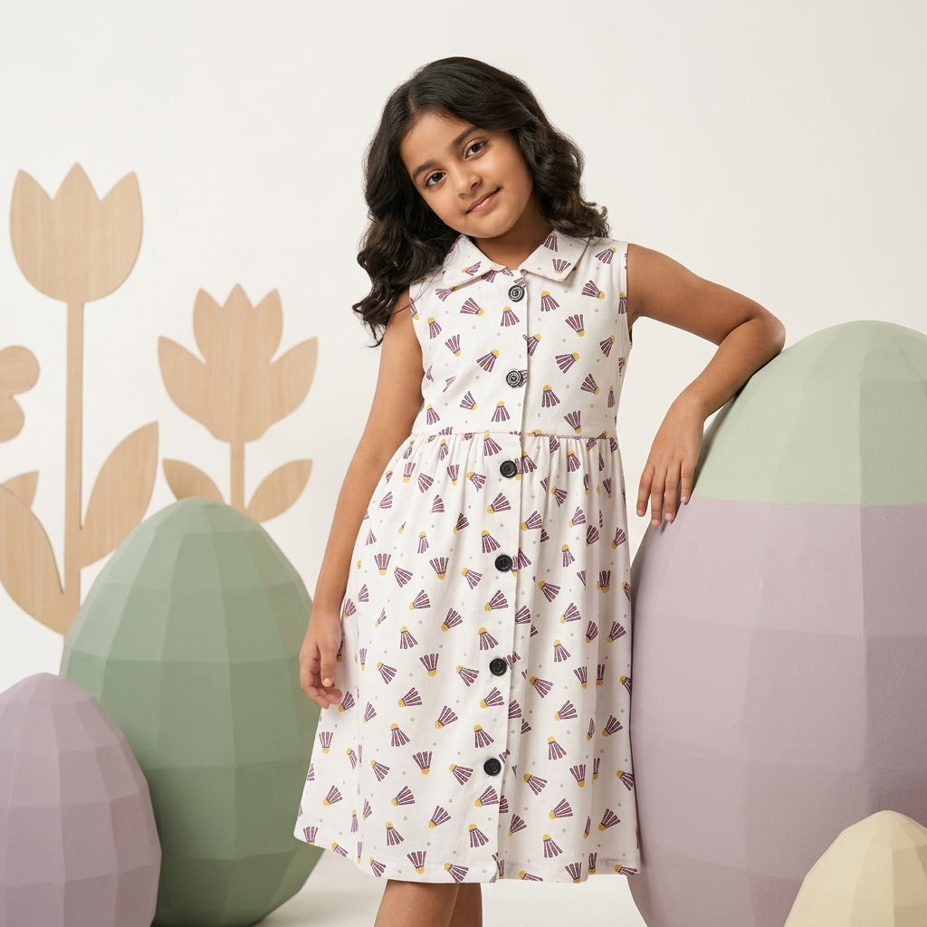 Girls White Printed Dress – 100% Cotton | Cute Pattern Design