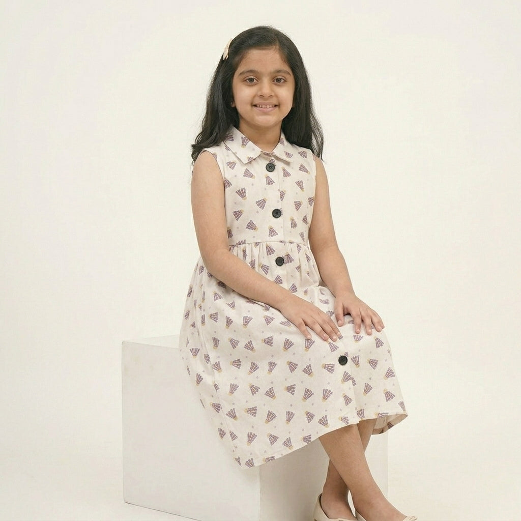 Girls White Printed Dress – 100% Cotton | Cute Pattern Design