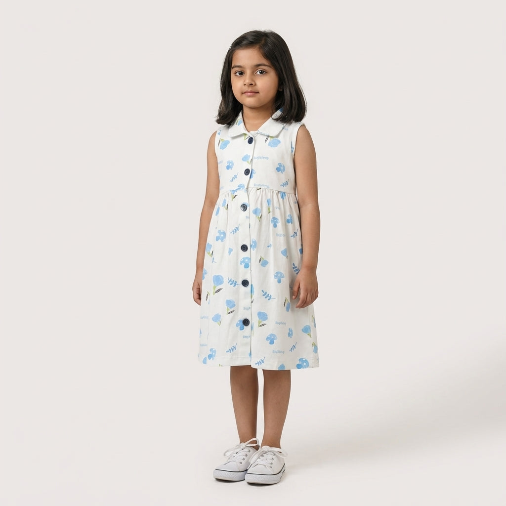 Girls Cotton Printed Dress – Sky Blue Design