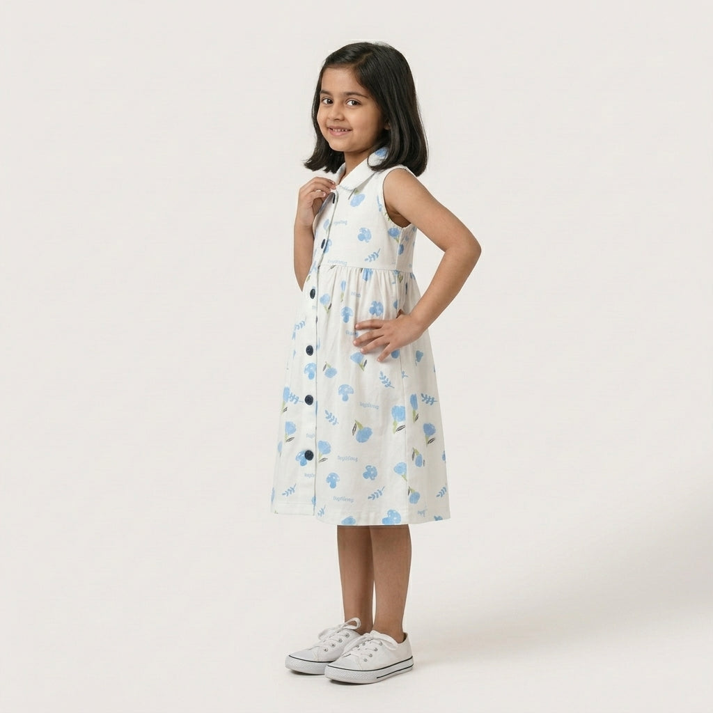 Girls Cotton Printed Dress – Sky Blue Design
