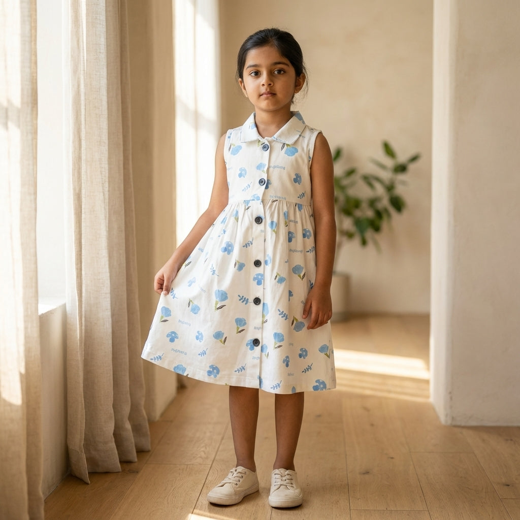 Girls Cotton Printed Dress – Sky Blue Design