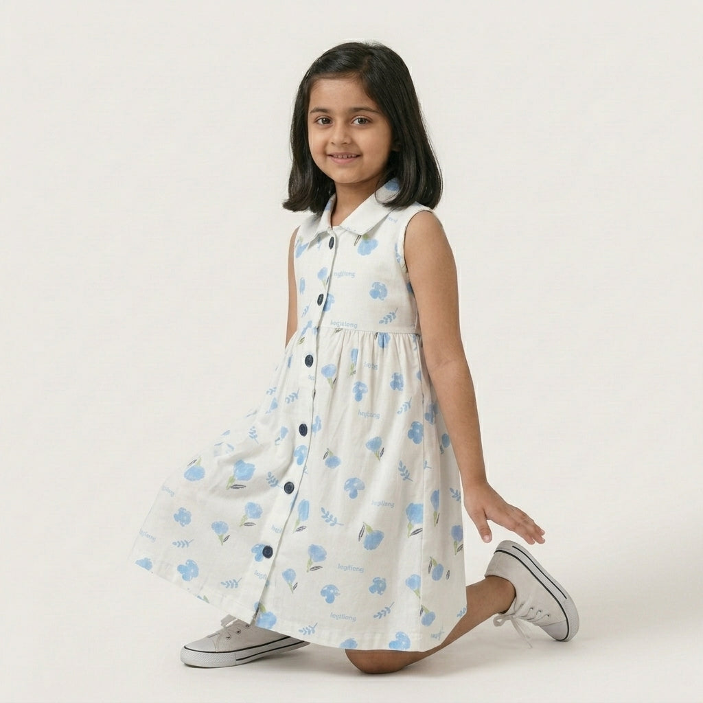 Girls Cotton Printed Dress – Sky Blue Design