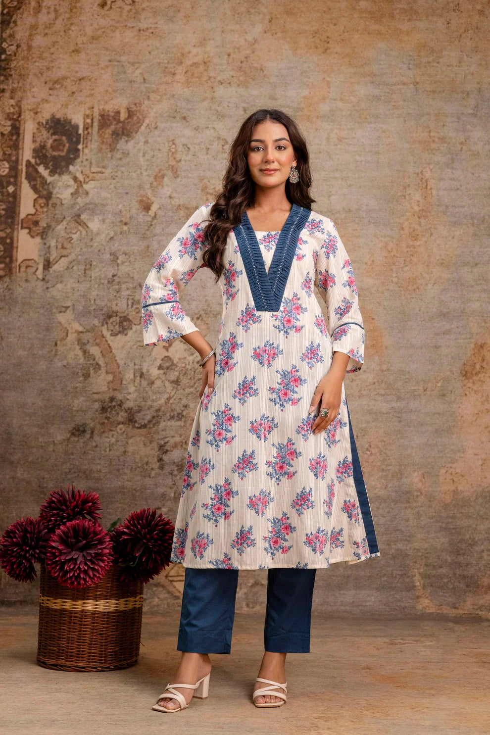 Teal White Pure Cotton Floral Kurta Set