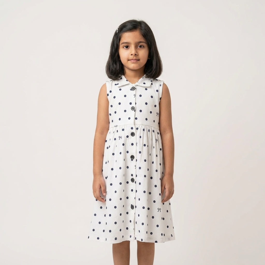Girls White Polka Dot Dress – 100% Cotton