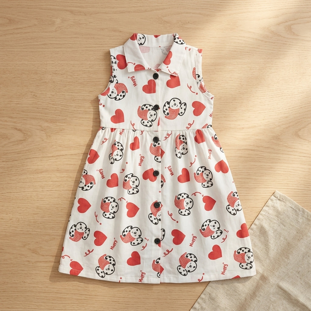 Girls White Heart Print Dress – 100% Cotton | Cute Cartoon Design