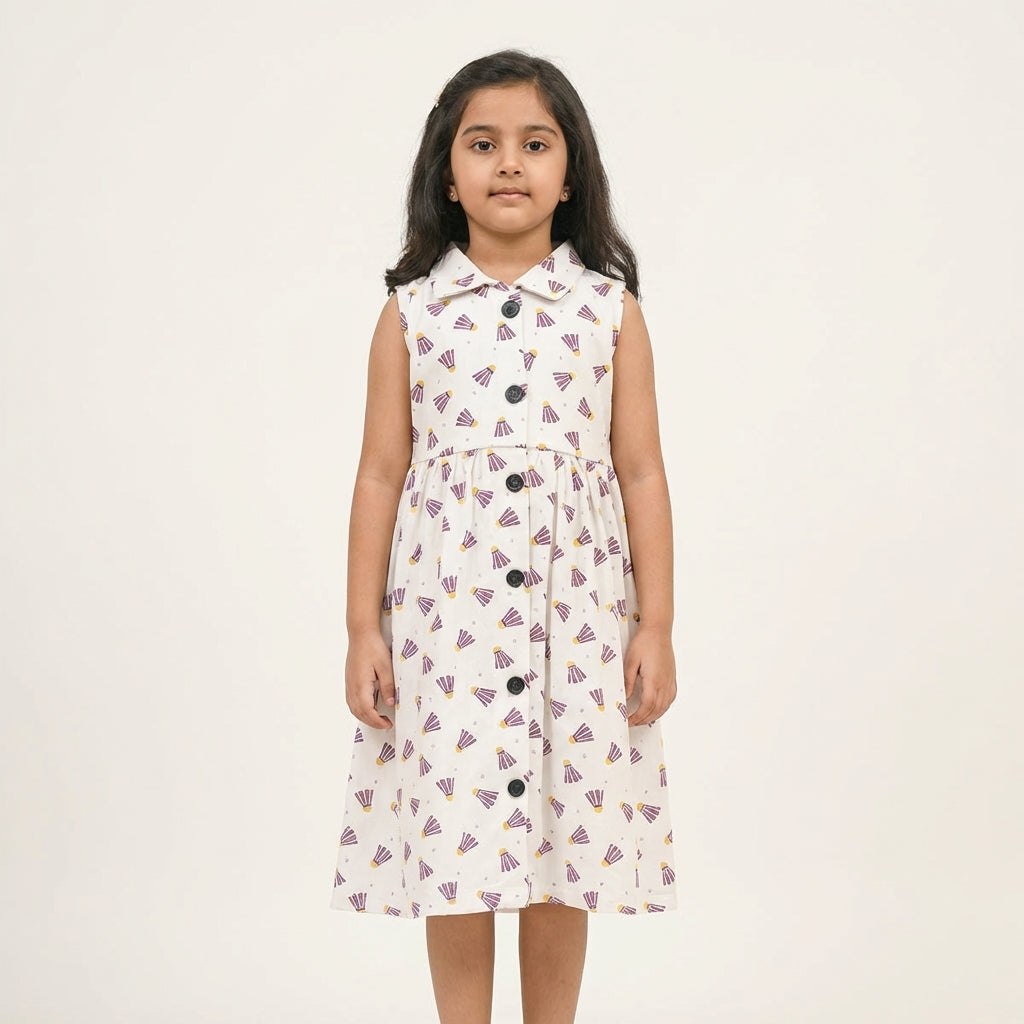 Girls White Printed Dress – 100% Cotton | Cute Pattern Design
