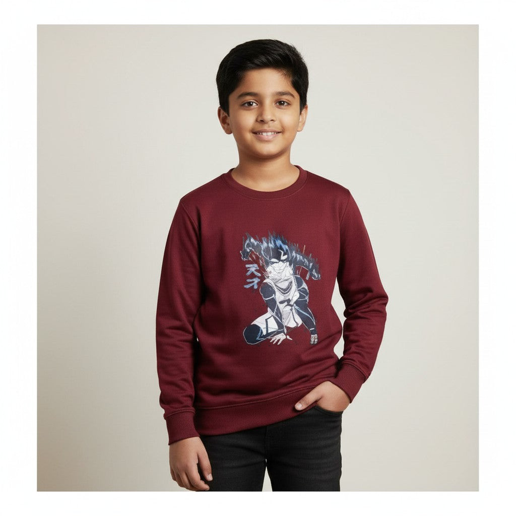Boys Maroon Anime Printed T-Shirt – Full Sleeve Graphic Tee