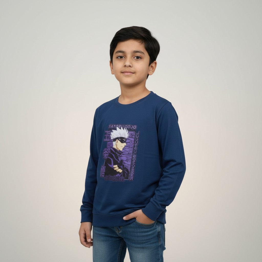 Boys Navy Blue Anime Printed T-Shirt – Full Sleeve Graphic Tee