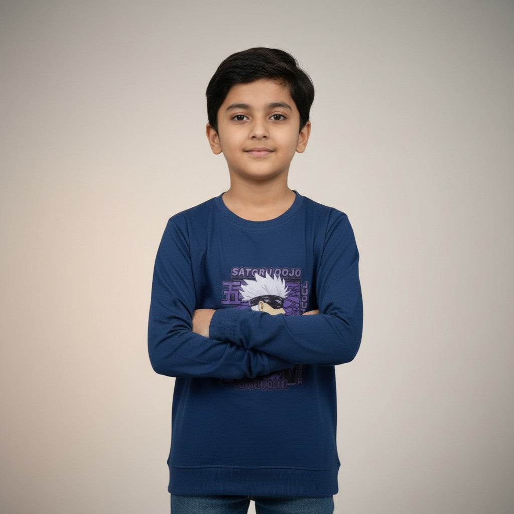 Boys Navy Blue Anime Printed T-Shirt – Full Sleeve Graphic Tee