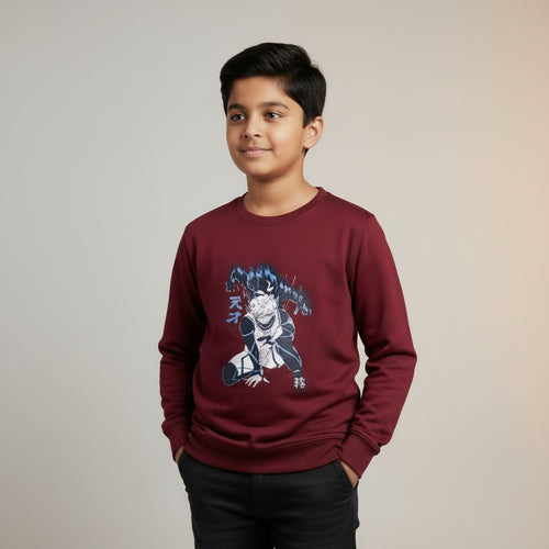 Boys Maroon Anime Printed T-Shirt – Full Sleeve Graphic Tee