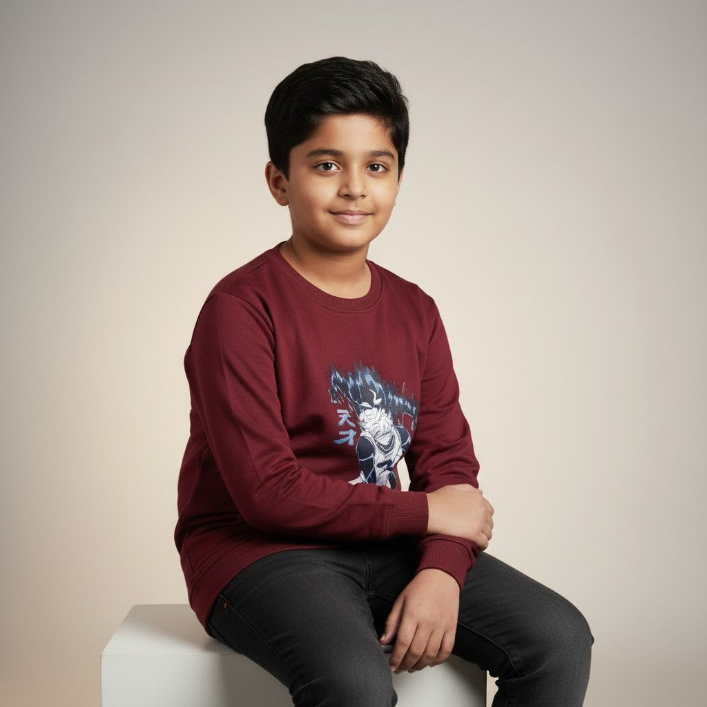 Boys Maroon Anime Printed T-Shirt – Full Sleeve Graphic Tee