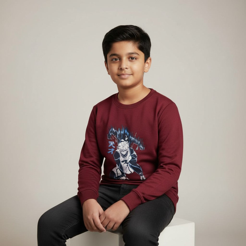 Boys Maroon Anime Printed T-Shirt – Full Sleeve Graphic Tee