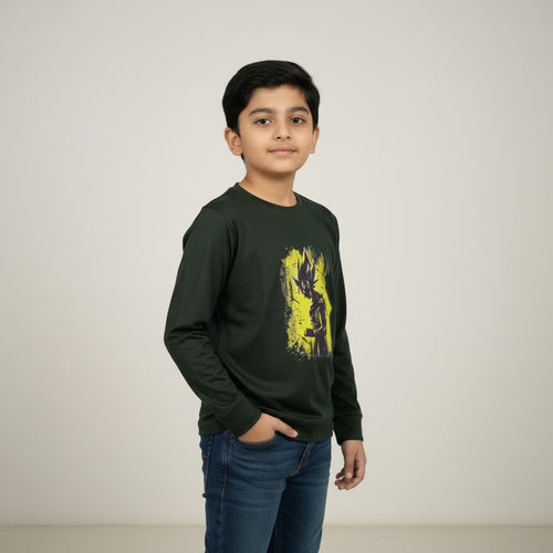 Boys Dark Green Anime Printed T-Shirt – Full Sleeve Graphic Tee