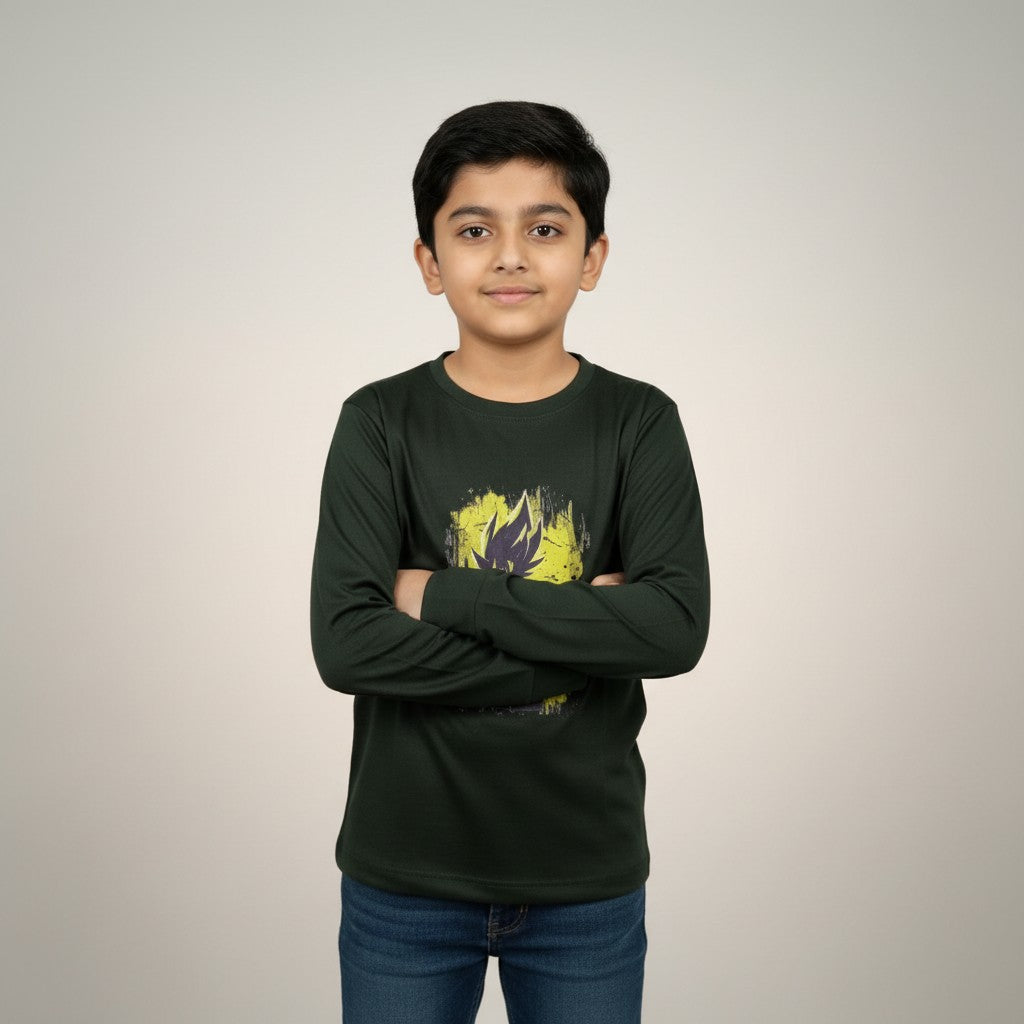 Boys Dark Green Anime Printed T-Shirt – Full Sleeve Graphic Tee