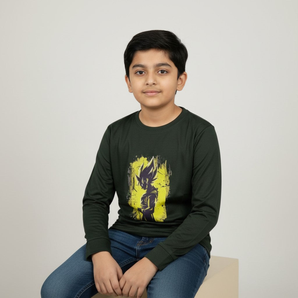 Boys Dark Green Anime Printed T-Shirt – Full Sleeve Graphic Tee