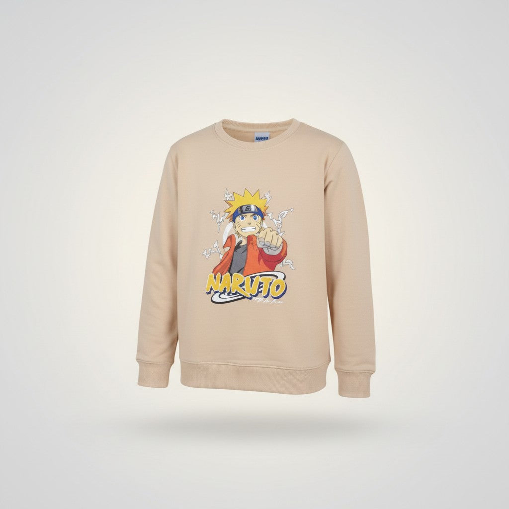 Boys Beige Naruto Printed T-Shirt – Full Sleeve Cartoon Graphic Tee