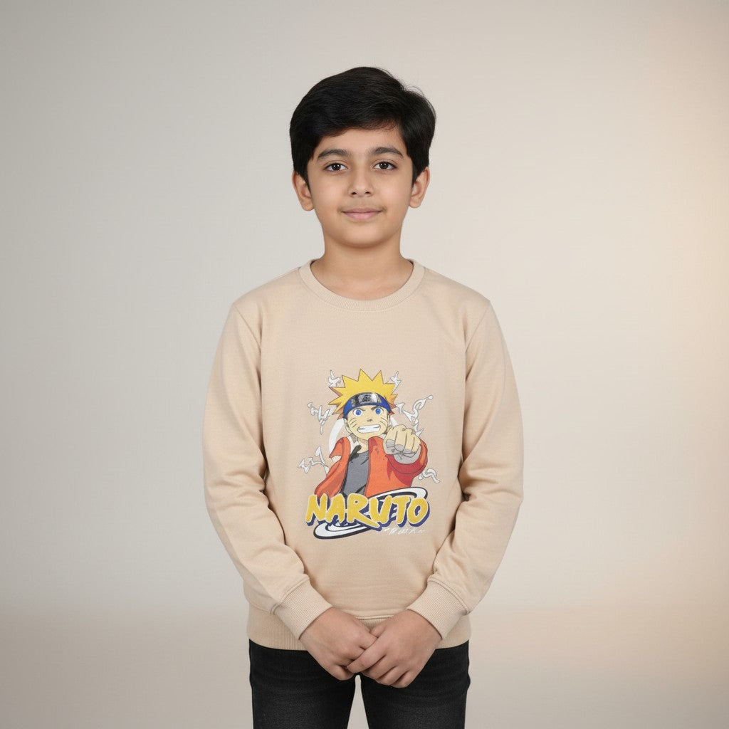 Boys Beige Naruto Printed T-Shirt – Full Sleeve Cartoon Graphic Tee