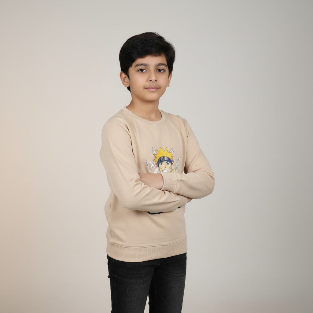 Boys Beige Naruto Printed T-Shirt – Full Sleeve Cartoon Graphic Tee
