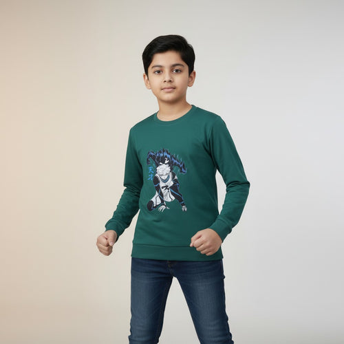 Boys Teal Green Anime Printed T-Shirt – Full Sleeve Graphic Tee