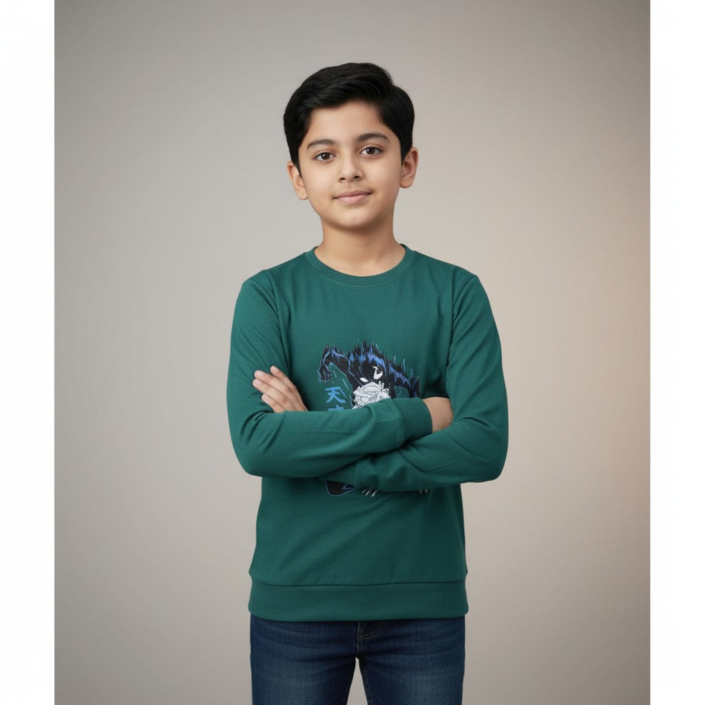 Boys Teal Green Anime Printed T-Shirt – Full Sleeve Graphic Tee