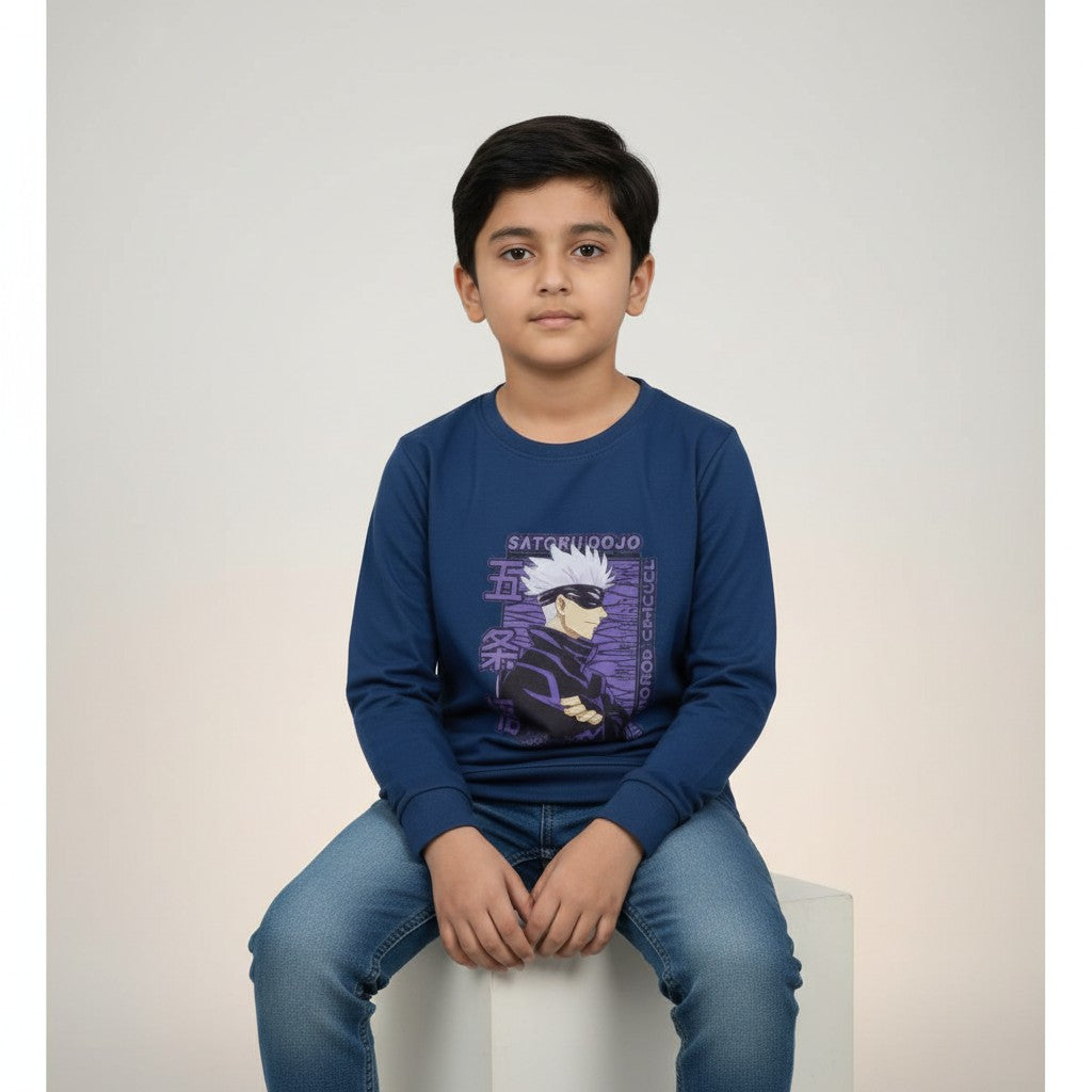 Boys Navy Blue Anime Printed T-Shirt – Full Sleeve Graphic Tee