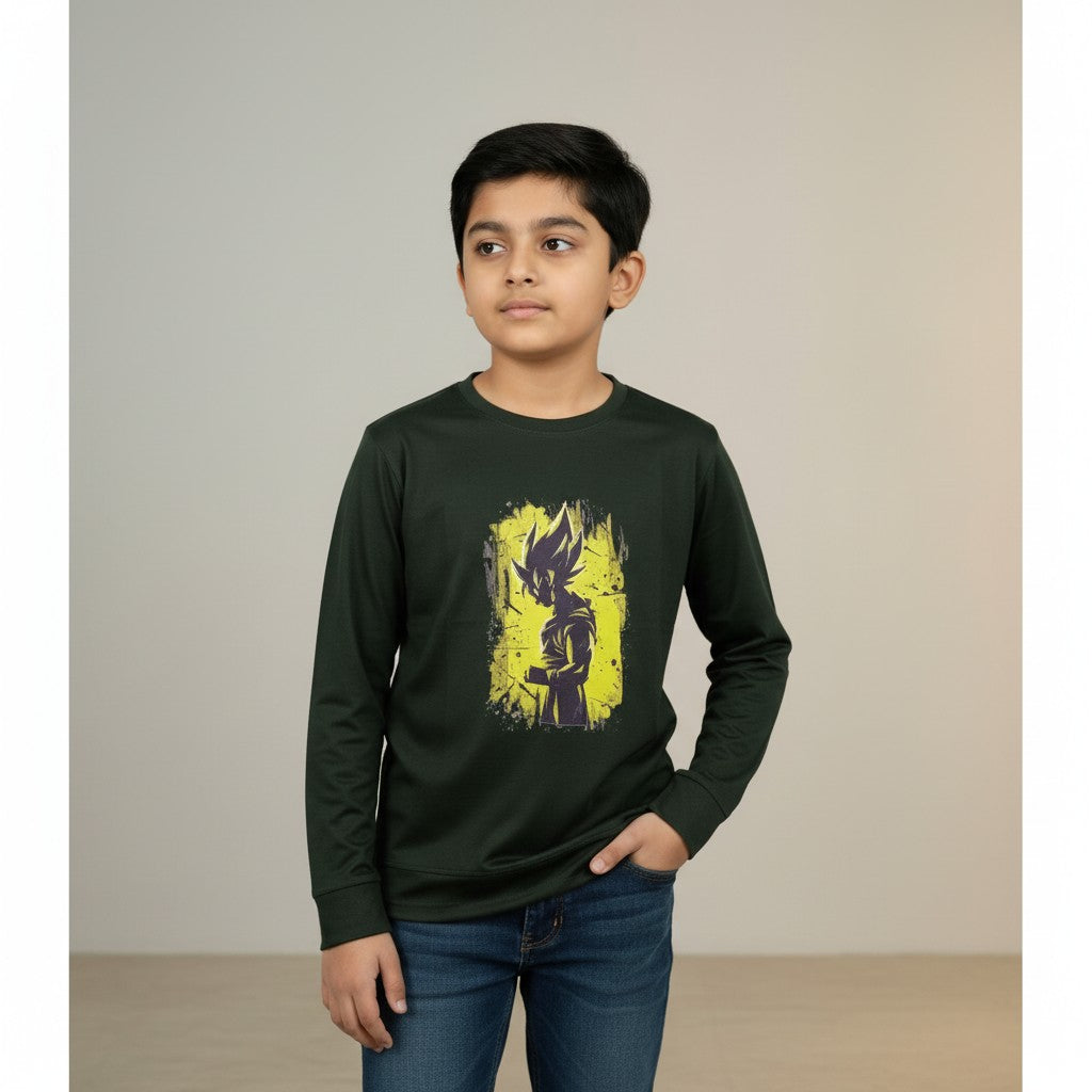 Boys Dark Green Anime Printed T-Shirt – Full Sleeve Graphic Tee