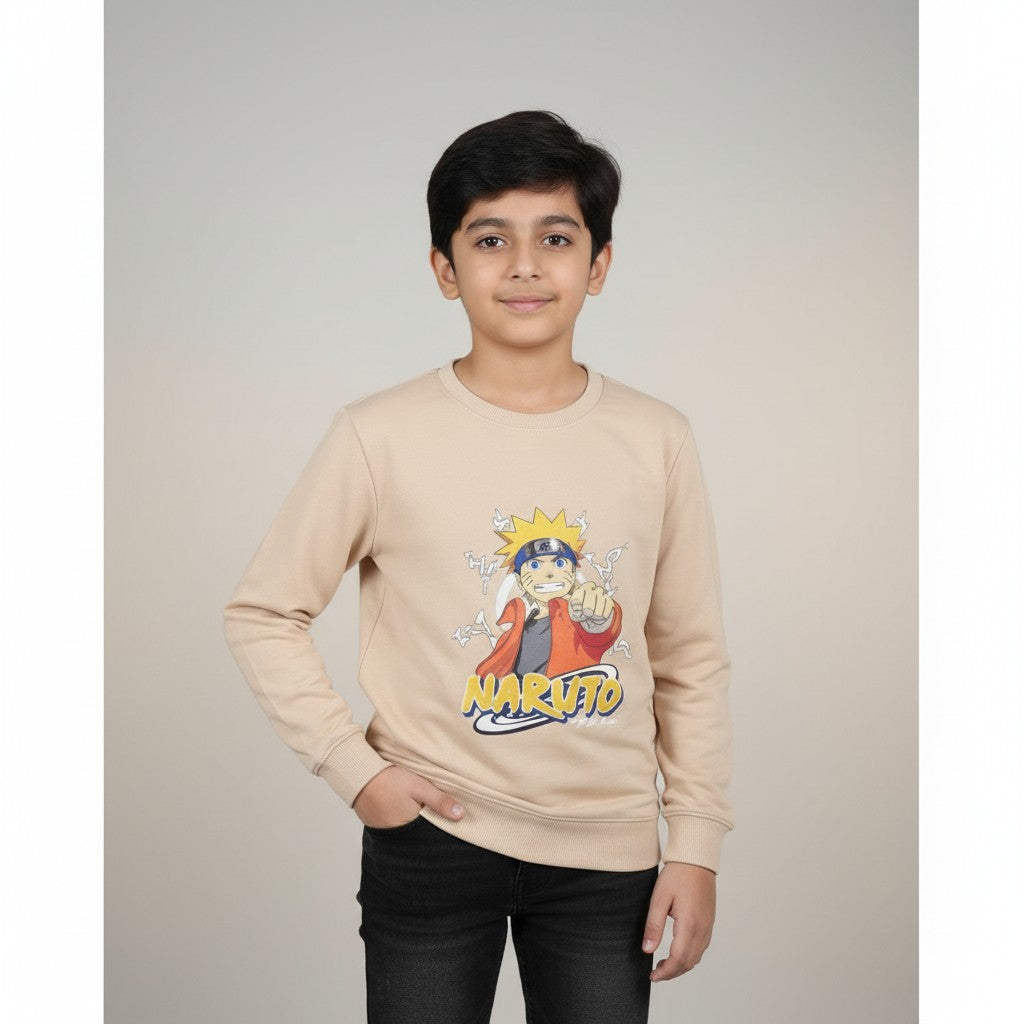 Boys Beige Naruto Printed T-Shirt – Full Sleeve Cartoon Graphic Tee