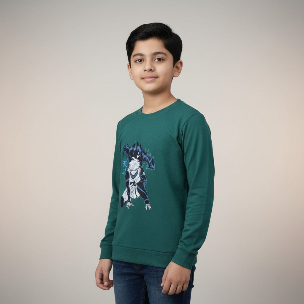 Boys Teal Green Anime Printed T-Shirt – Full Sleeve Graphic Tee