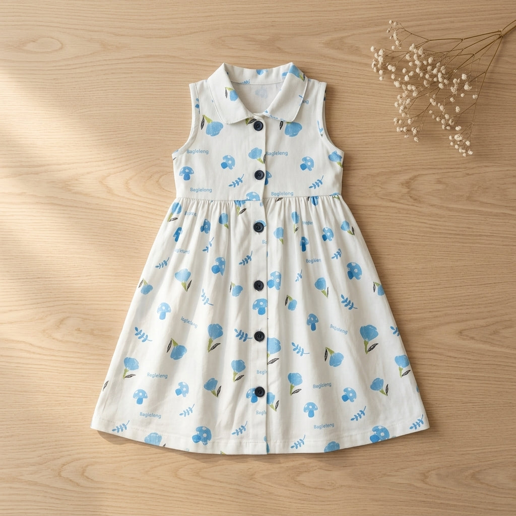 Girls Cotton Printed Dress – Sky Blue Design