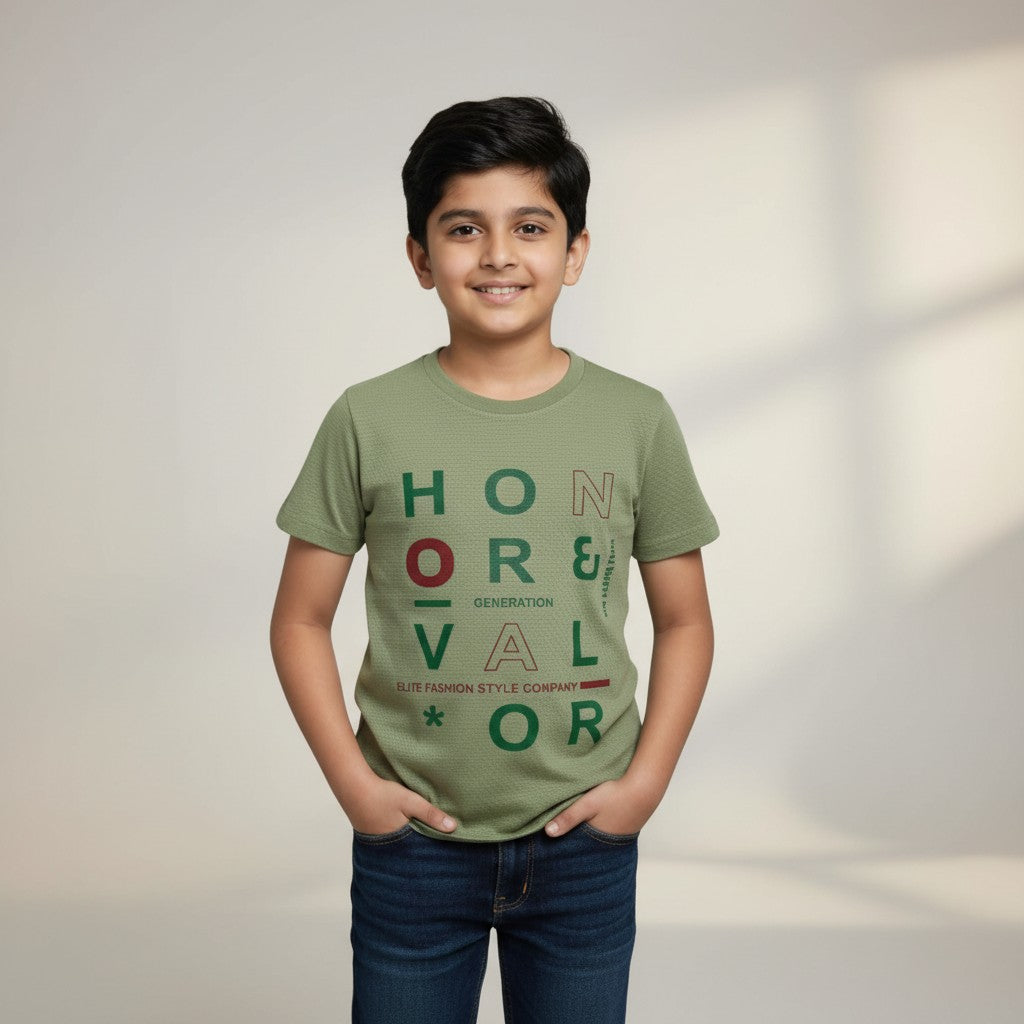 Boys Olive Green “Honor & Valor” Printed T-Shirt