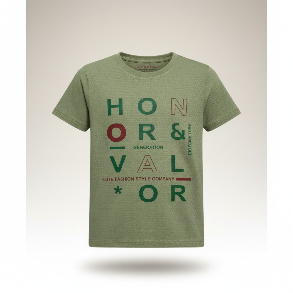 Boys Olive Green “Honor & Valor” Printed T-Shirt