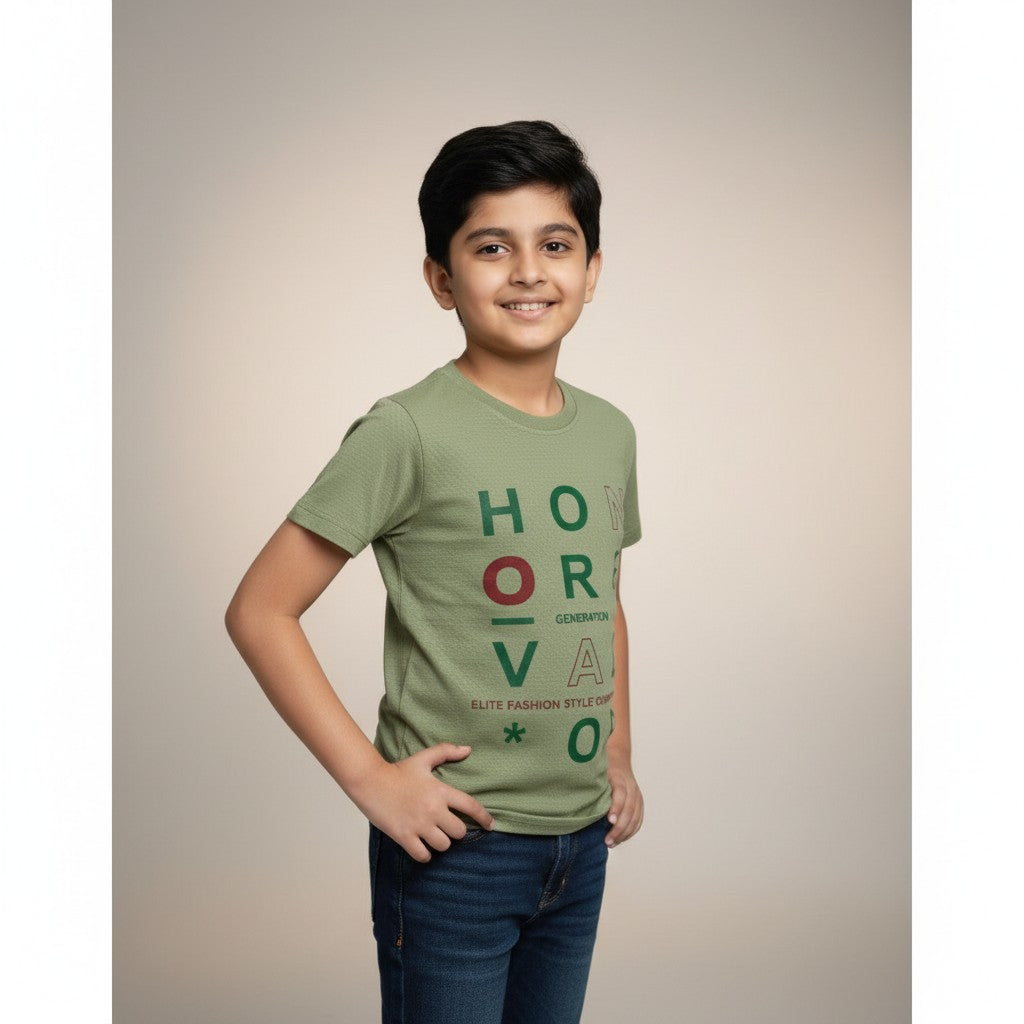 Boys Olive Green “Honor & Valor” Printed T-Shirt