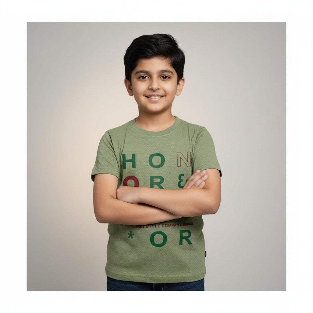 Boys Olive Green “Honor & Valor” Printed T-Shirt